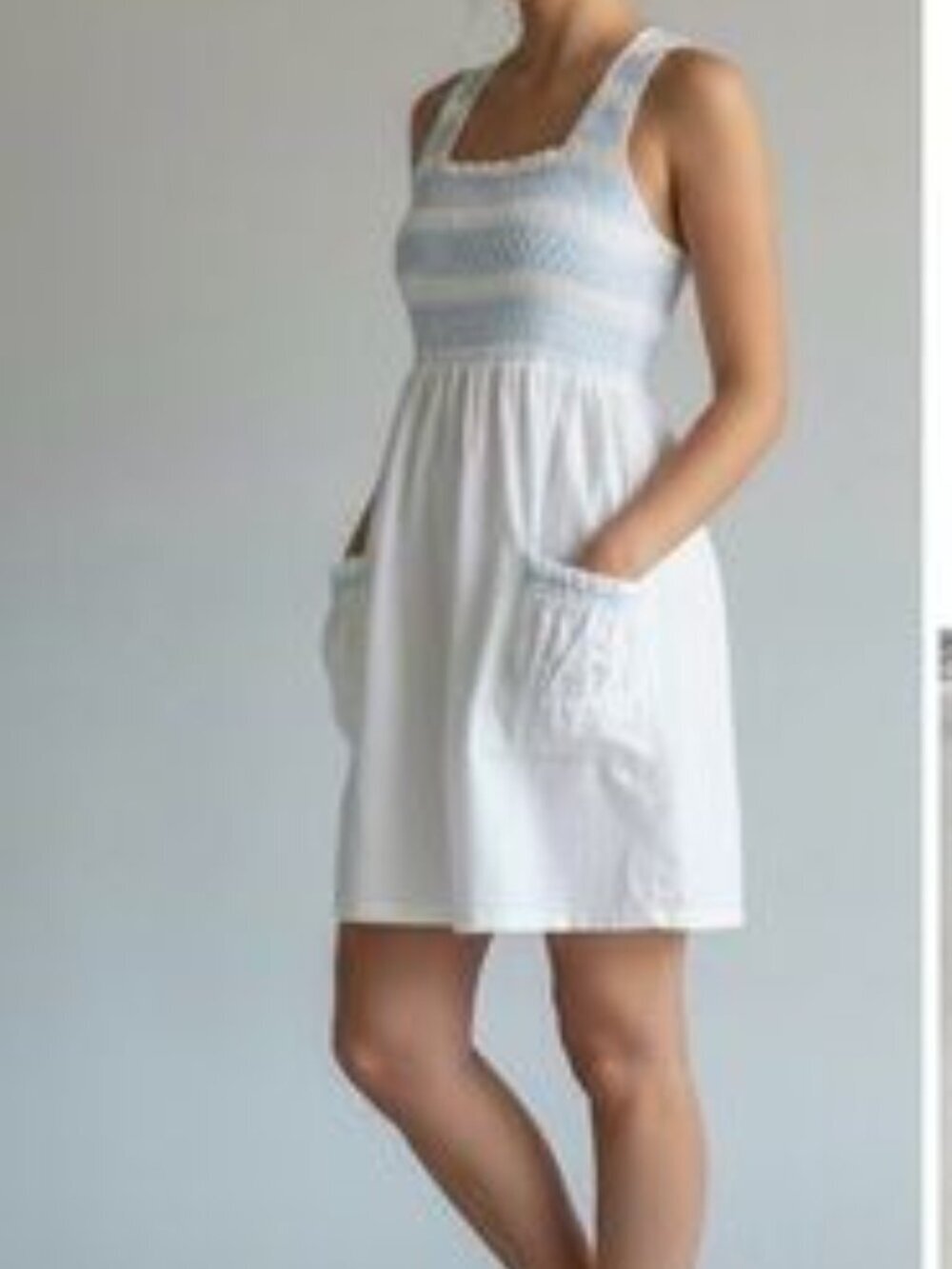 Tuckernuck Smocked Embroidered Mini Dress XS White Blue Floral Pockets